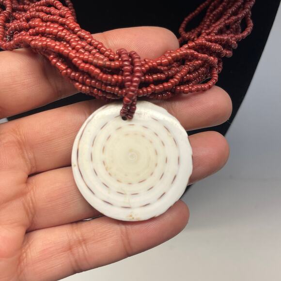 Vintage Multi Strand Seed Bead Rust Red Stone Pendant Necklace B#8 - Picture 9 of 11